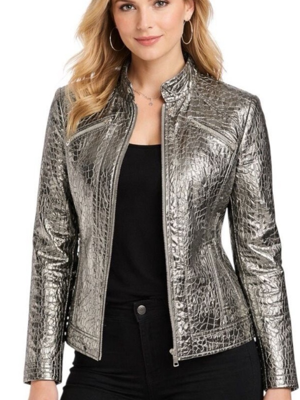 Chico’s Size 2 US M-L Silver Metallic Snakeskin Faux Leather Jacket - Picture 6 of 10